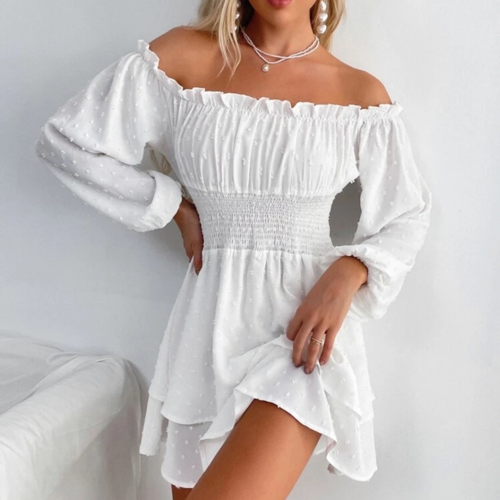 Shirred bishop long sleeve off the shoulder dress
